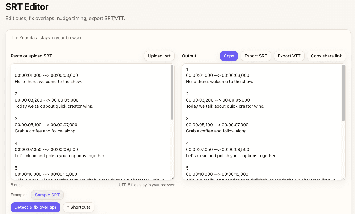 SRT Editor showing caption timing synced to visual beat markers for optimal pacing