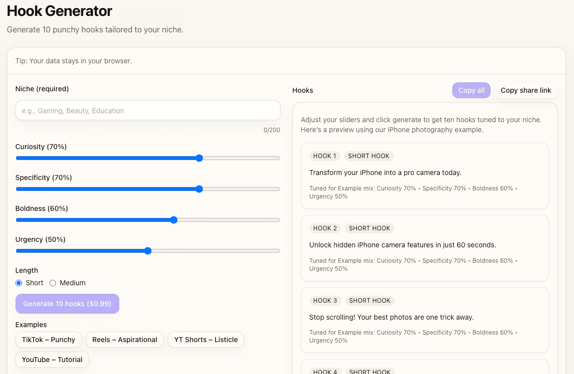 ClickyApps Creator Hub search with featured tools and AI filters.