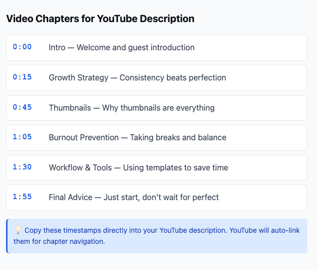 Video chapter timestamps and descriptions