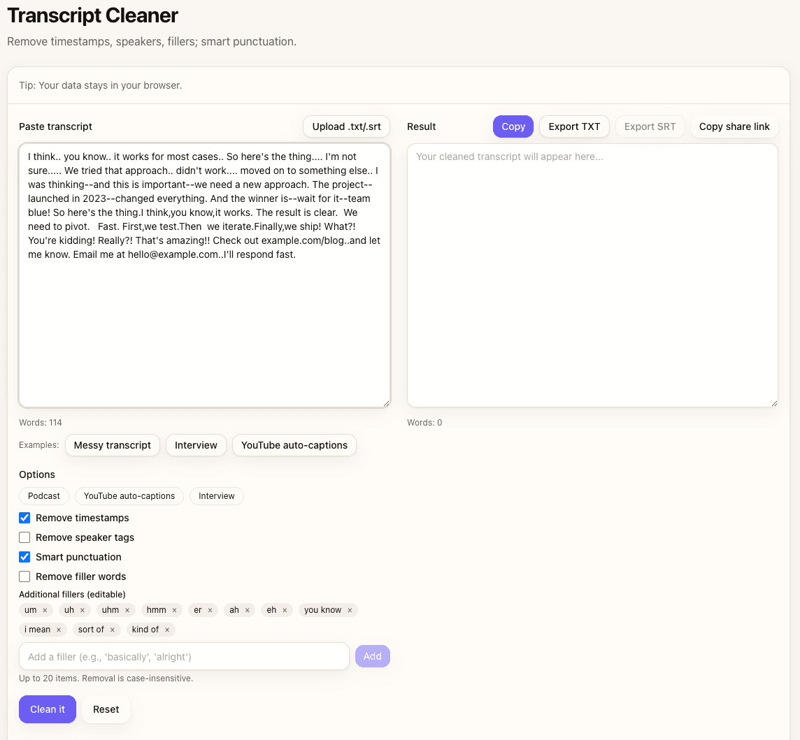 Complete before and after transcript with all smart punctuation rules applied