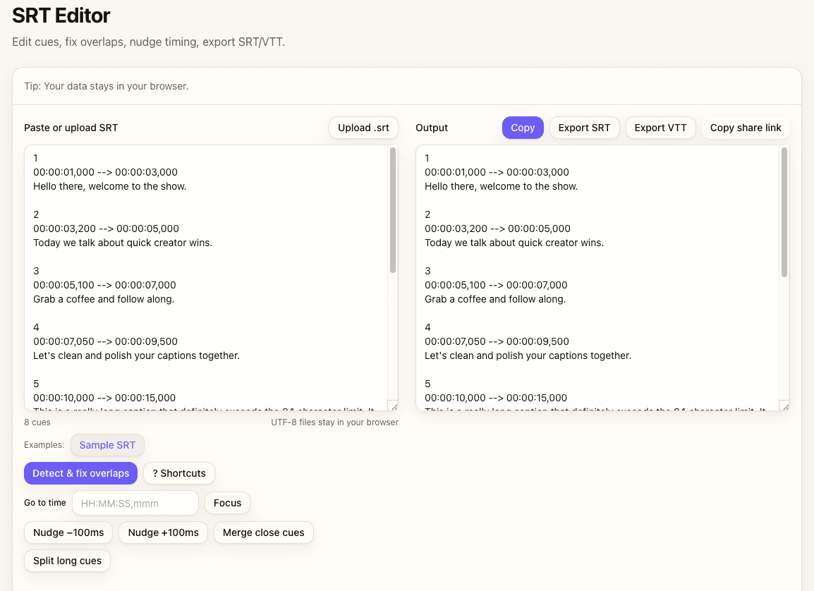 SRT Editor interface highlighting timecode errors with red indicators