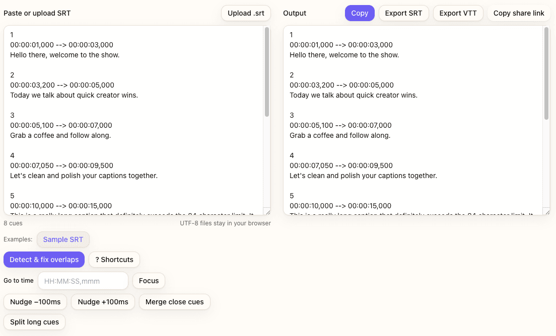 SRT Editor timing validator showing highlighted cues exceeding readability thresholds