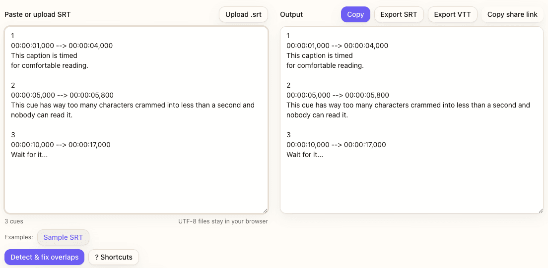 Example cue with optimal timing showing 38 characters per line and 18 CPS