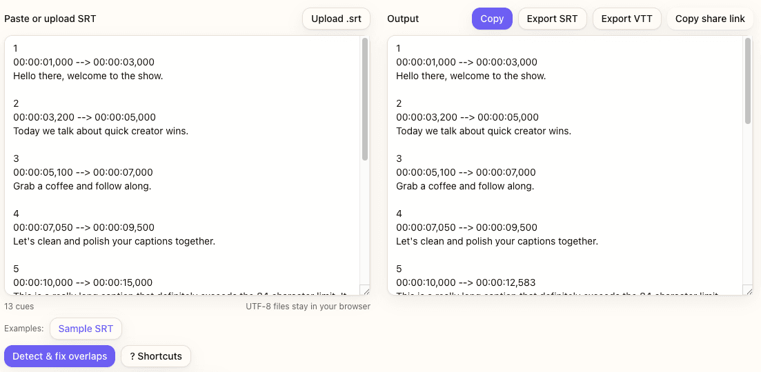 Splitting a long cue at a natural sentence break in SRT Editor