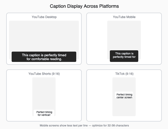Caption display comparison across YouTube desktop, mobile, Shorts, and TikTok