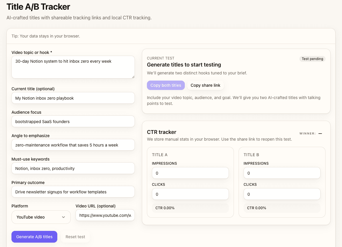 Title A/B Tracker interface showing predefined fields for topic, audience, angle, keywords, and goal, with CTR tracking below