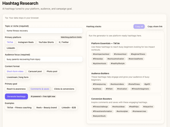Hashtag Research tool interface showing generated stacks with annotations highlighting safe tags and validation workflow