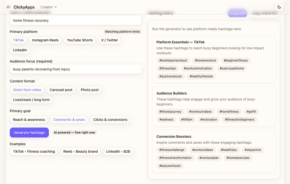 Screenshot showing cross-referencing generated hashtag stacks with ban list validation