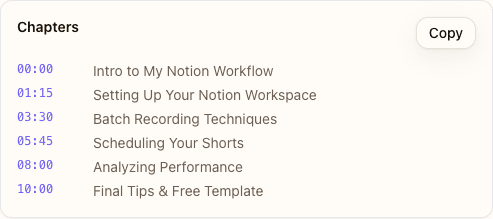 Example YouTube chapter timestamp format with 00:00 start and proper spacing