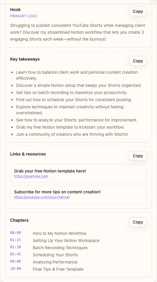 Annotated YouTube description showing hook, bullets, links, and chapters