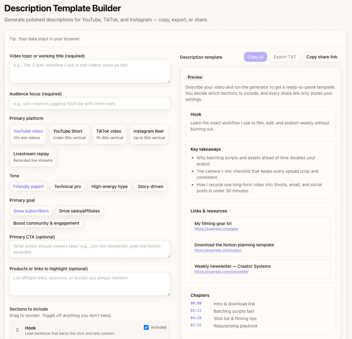 Description Template Builder interface with topic and settings filled in