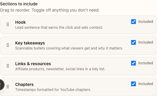 Toggle and reorder description sections in the builder interface