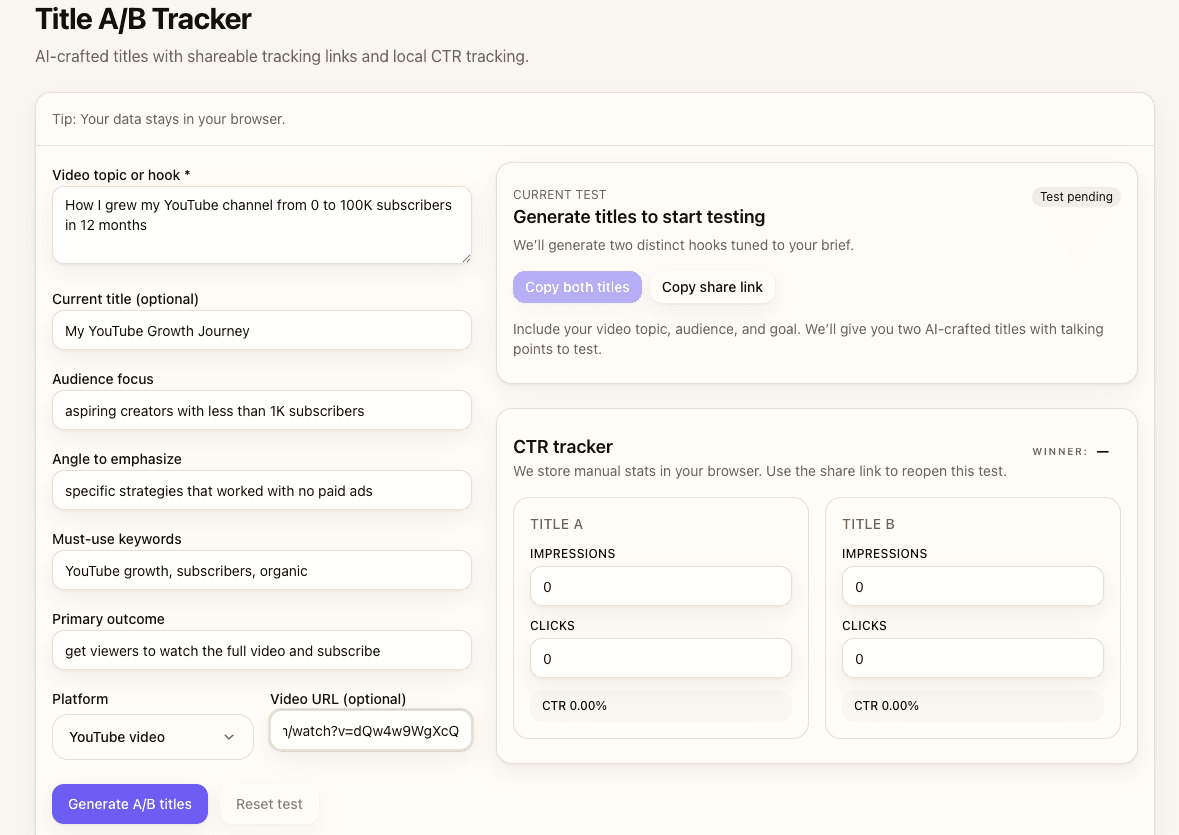 Title A/B Tracker interface showing input form with topic, audience, and angle fields filled in