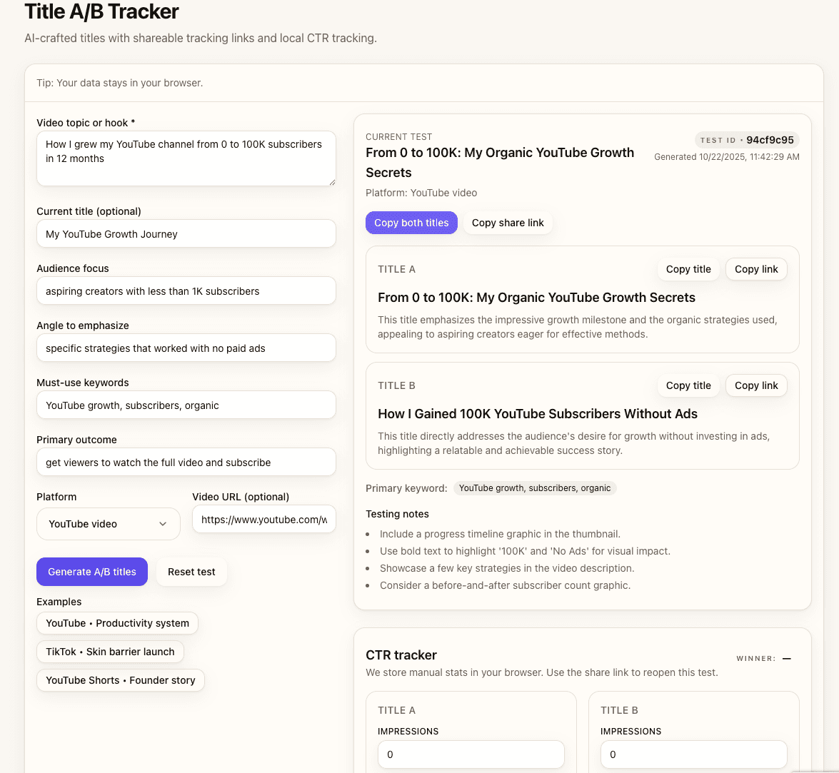 Two generated title variants displayed side-by-side with distinct angles