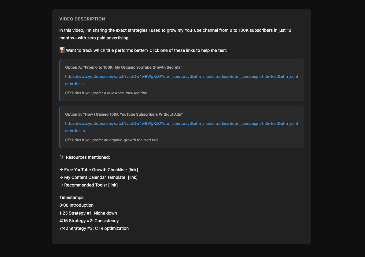 YouTube video description showing tracking links placed near the top with clear labels
