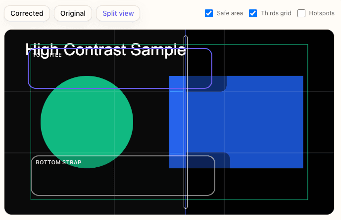Contrast Checker split view showing original vs corrected thumbnail overlays