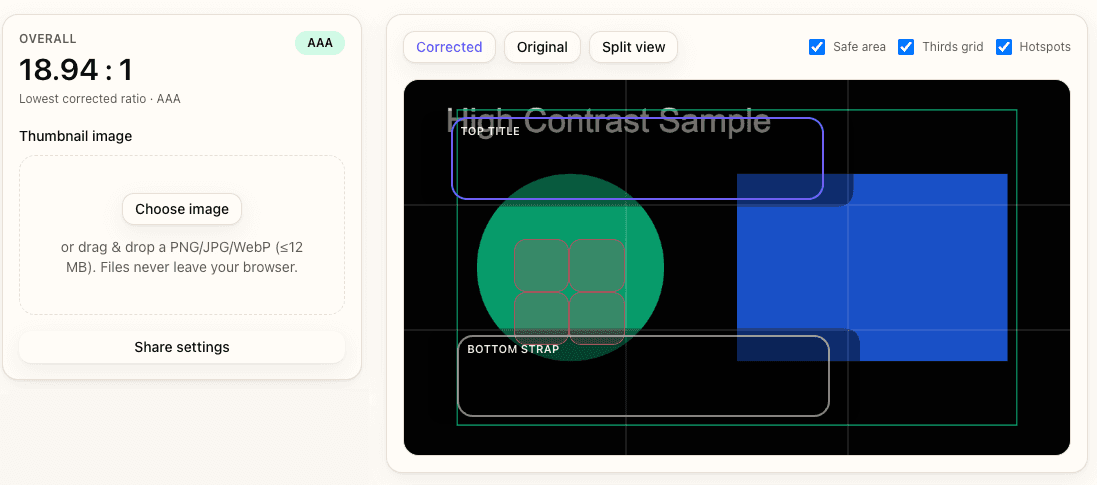 Contrast Checker showing multiple overlays with contrast ratios and alerts