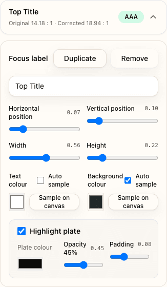 Focus area controls showing position, sampling, and highlight plate sliders