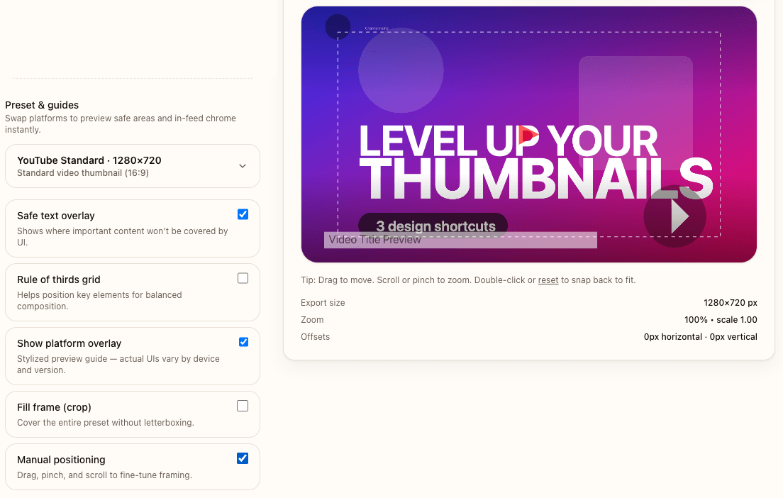Thumbnail Resizer preview with safe text overlay on the YouTube preset