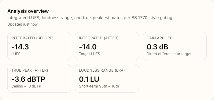 Analysis results dashboard showing integrated LUFS, short-term LUFS, and true peak readings