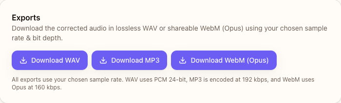 Export options panel showing WAV and MP3 format choices with quality settings