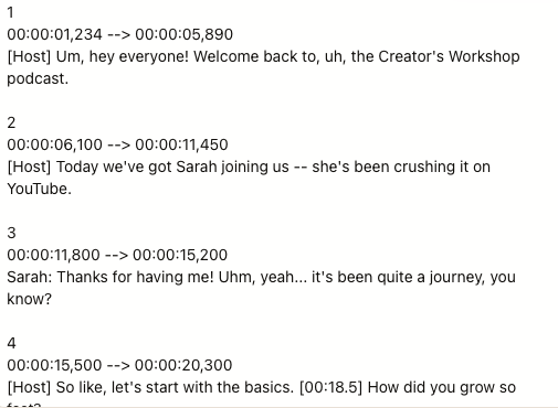 Raw transcript with timestamps and speaker labels