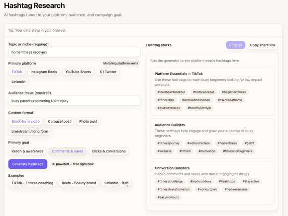 Hashtag Research tool interface showing generated stacks with annotations highlighting safe tags and validation workflow