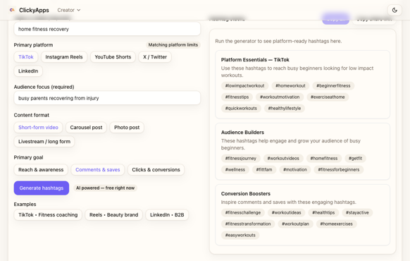Screenshot showing cross-referencing generated hashtag stacks with ban list validation