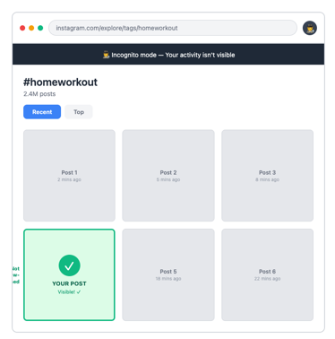 Screenshot walkthrough showing how to test shadowban by searching hashtag feed in incognito mode