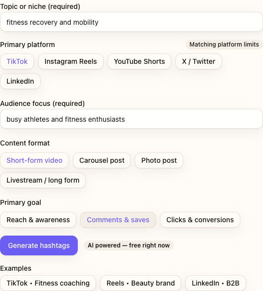Hashtag Research tool showing thematically grouped tags for fitness recovery