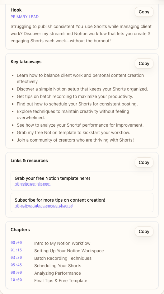 Annotated YouTube description showing hook, bullets, links, and chapters