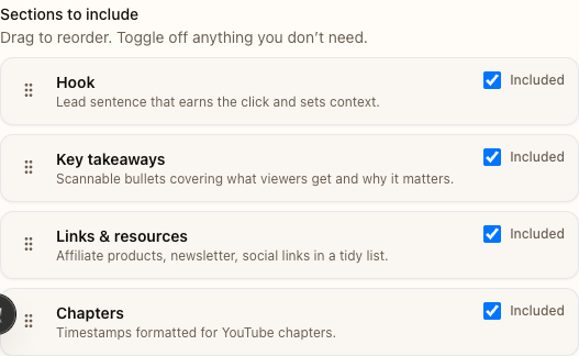 Toggle and reorder description sections in the builder interface