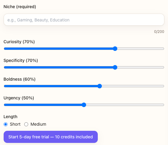 Hook Generator interface with curiosity and specificity sliders