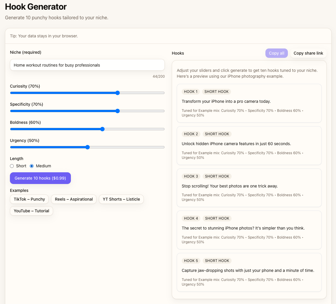 Hook Generator interface with medium length selected showing fitness tutorial hooks