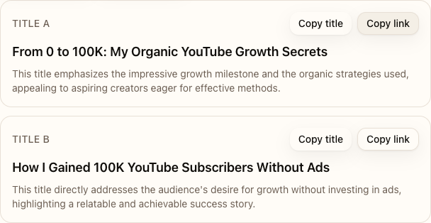 Tracking links panel showing copy buttons for Title A and Title B with UTM parameters
