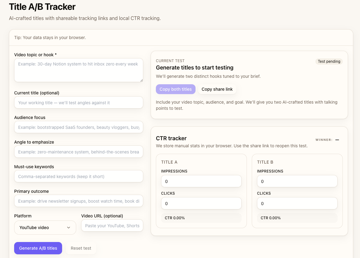Title A/B Tracker interface showing input form with topic, audience, angle, keywords, outcome, platform, and video URL fields filled in