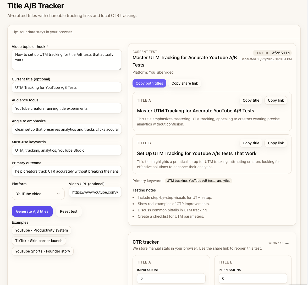 Two generated title variants displayed with Copy title and Copy link buttons, showing distinct angles and testing notes