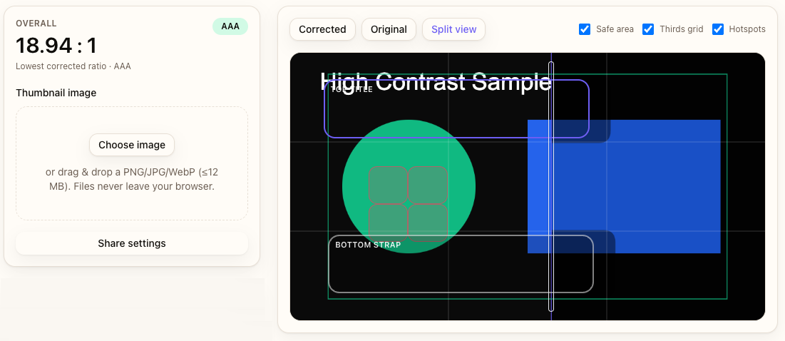 Contrast Checker canvas with overlays mapped to headline and strap text