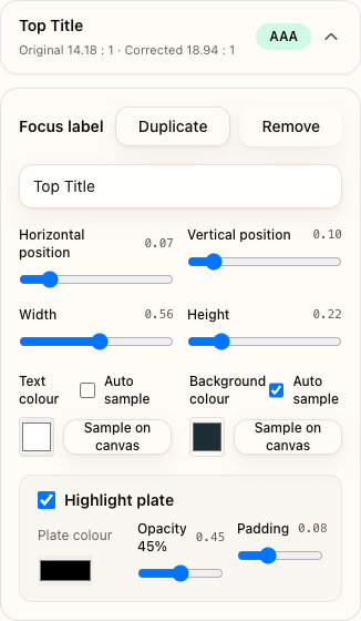 Focus area controls showing position, sampling, and highlight plate sliders