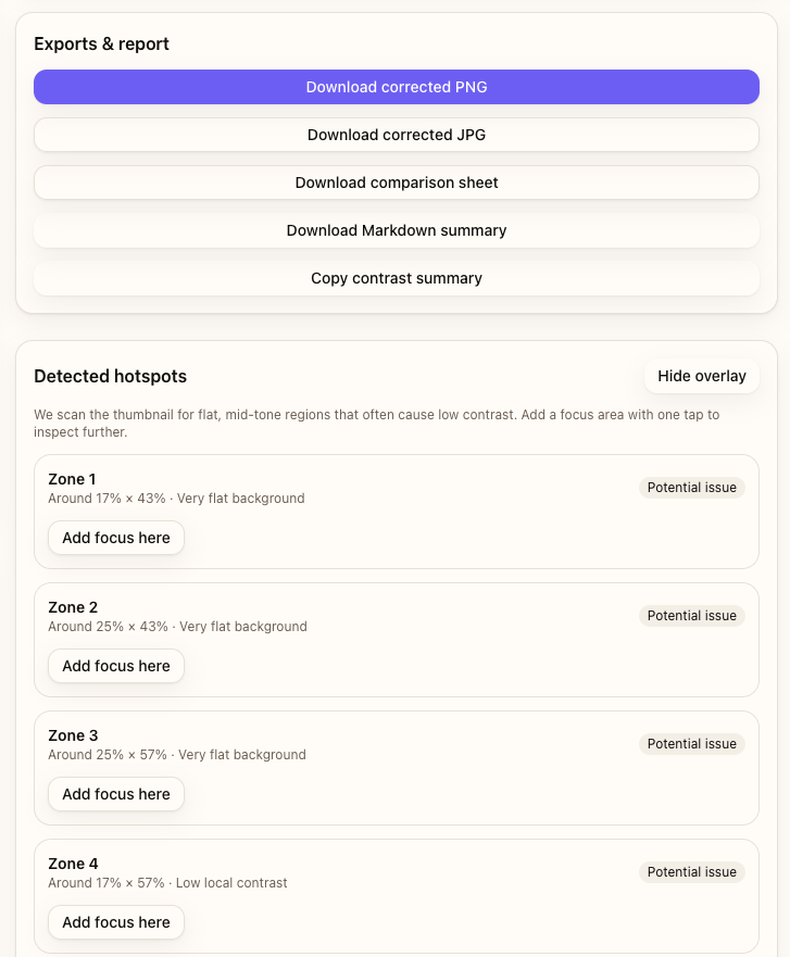 Exports & report panel with comparison sheet download and detected hotspot suggestions