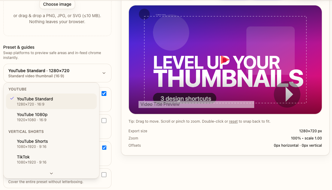 Thumbnail Resizer showing preset dropdowns and safe-area overlay on a YouTube thumbnail