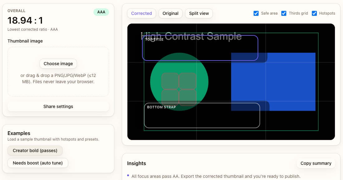 Contrast Checker showing multiple hotspots with sampled text and background colors