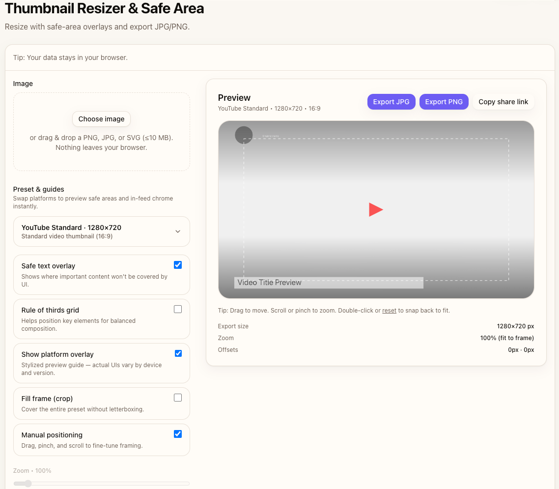 Thumbnail Resizer interface showing preset selection and export options