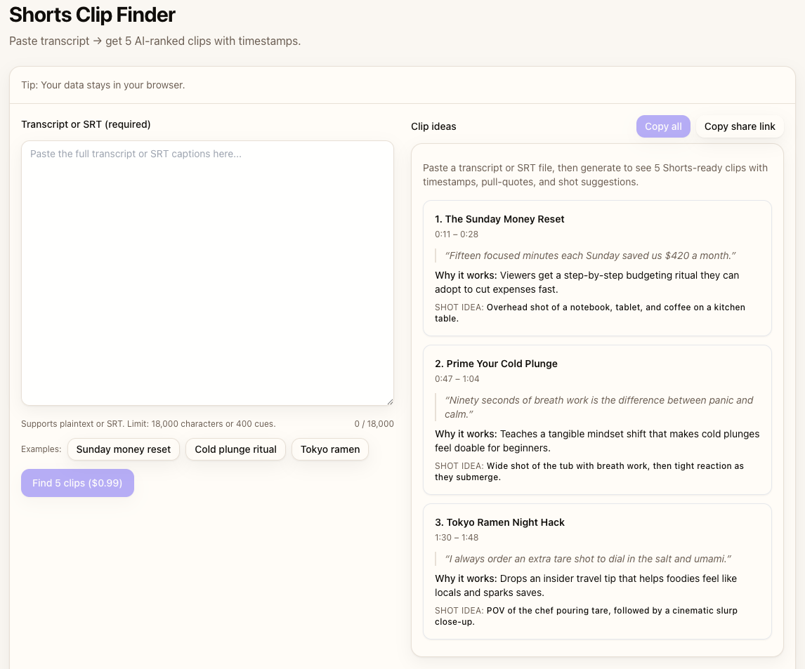 Upload interface for Shorts Clip Finder showing transcript input