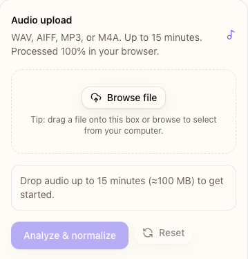 Upload interface showing drag and drop area with supported file formats