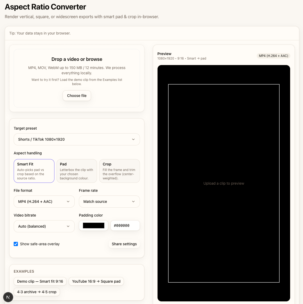 Aspect Ratio Converter interface showing video upload, aspect ratio selection, and preview