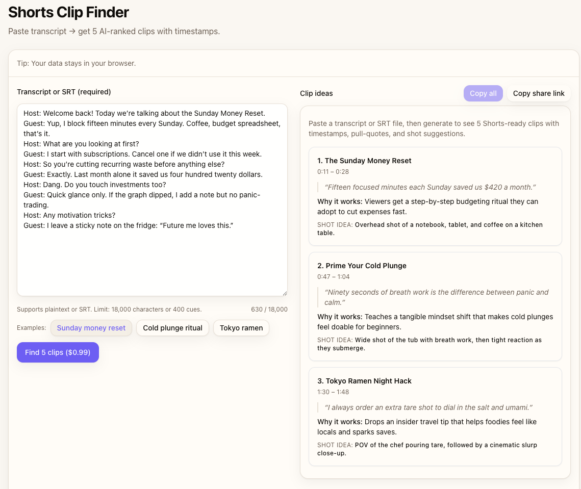 Shorts Clip Finder interface highlighting a complete narrative arc in a long-form video transcript