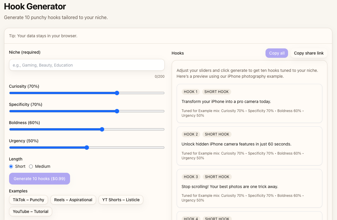 ClickyApps Creator Hub search with featured tools and AI filters.